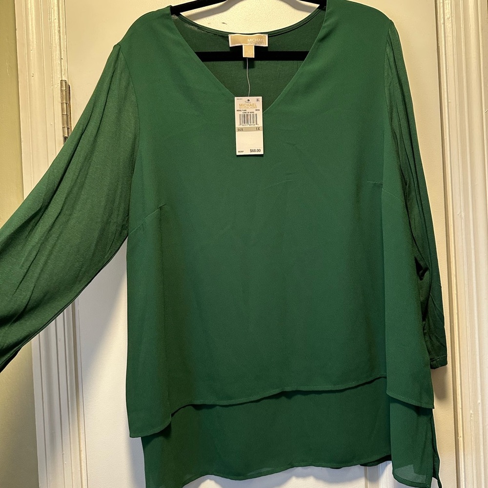 Michael Kors Green Asymmetrical Long Sleeve Blouse